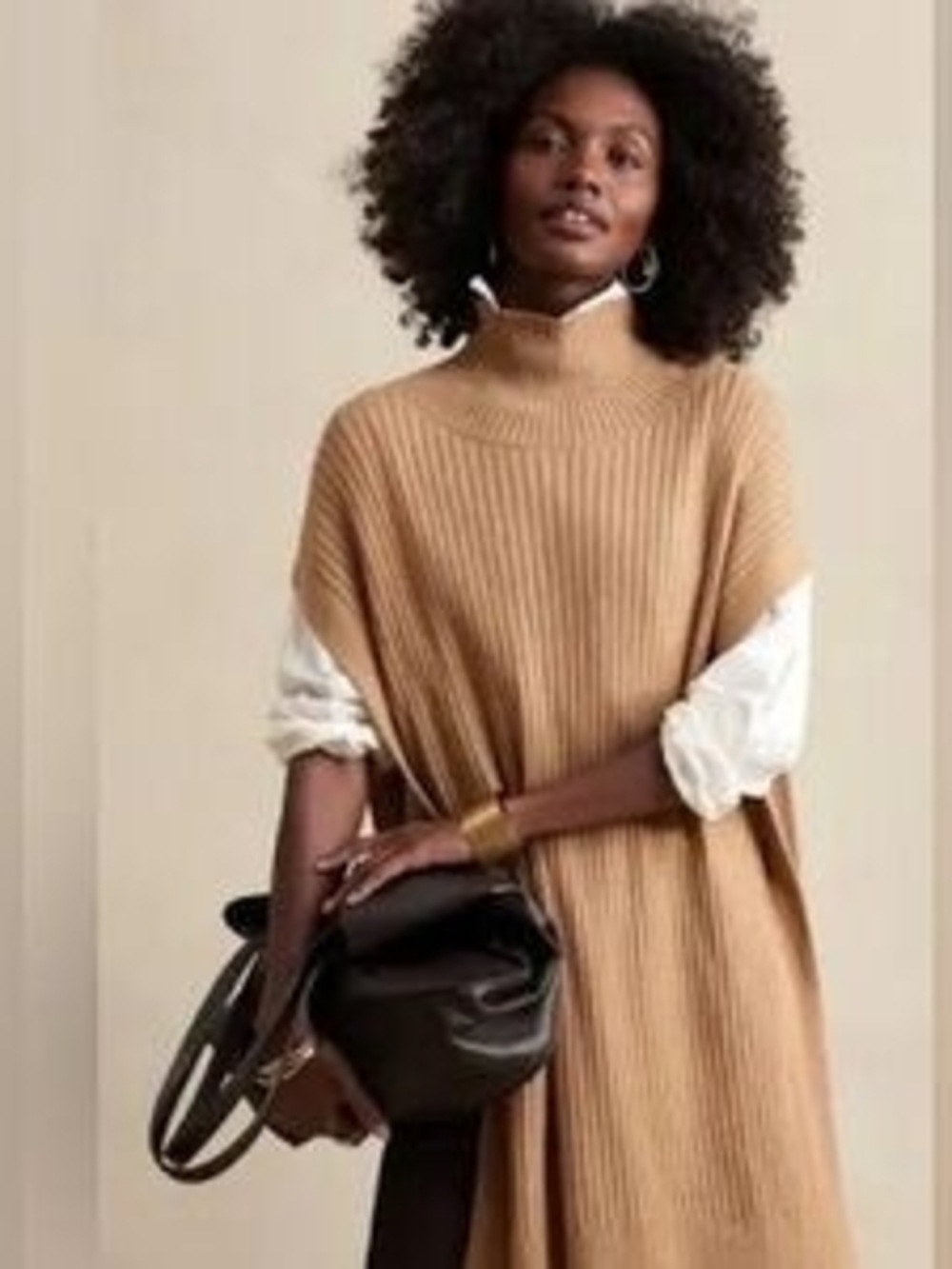 Banana Republic Sleeveless Ribbed Mockneck Ponch-Tunic - Camel Brown-Size:M/L